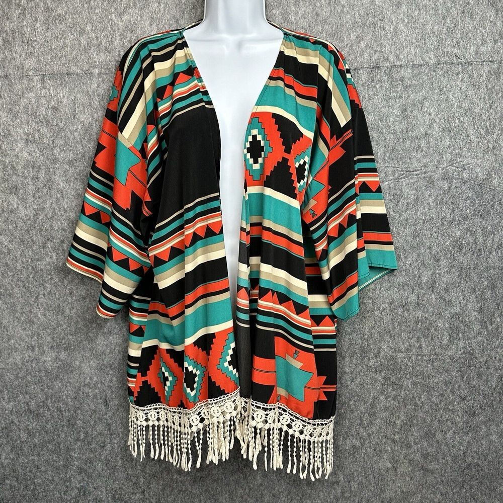 Duchess Open Front Kimono Top Womens S Aztec Fringe 3/4‎ Sleeve Rayon VTG USA